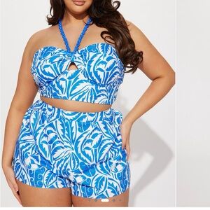 Blue and White Halter Crop Top and Short Set